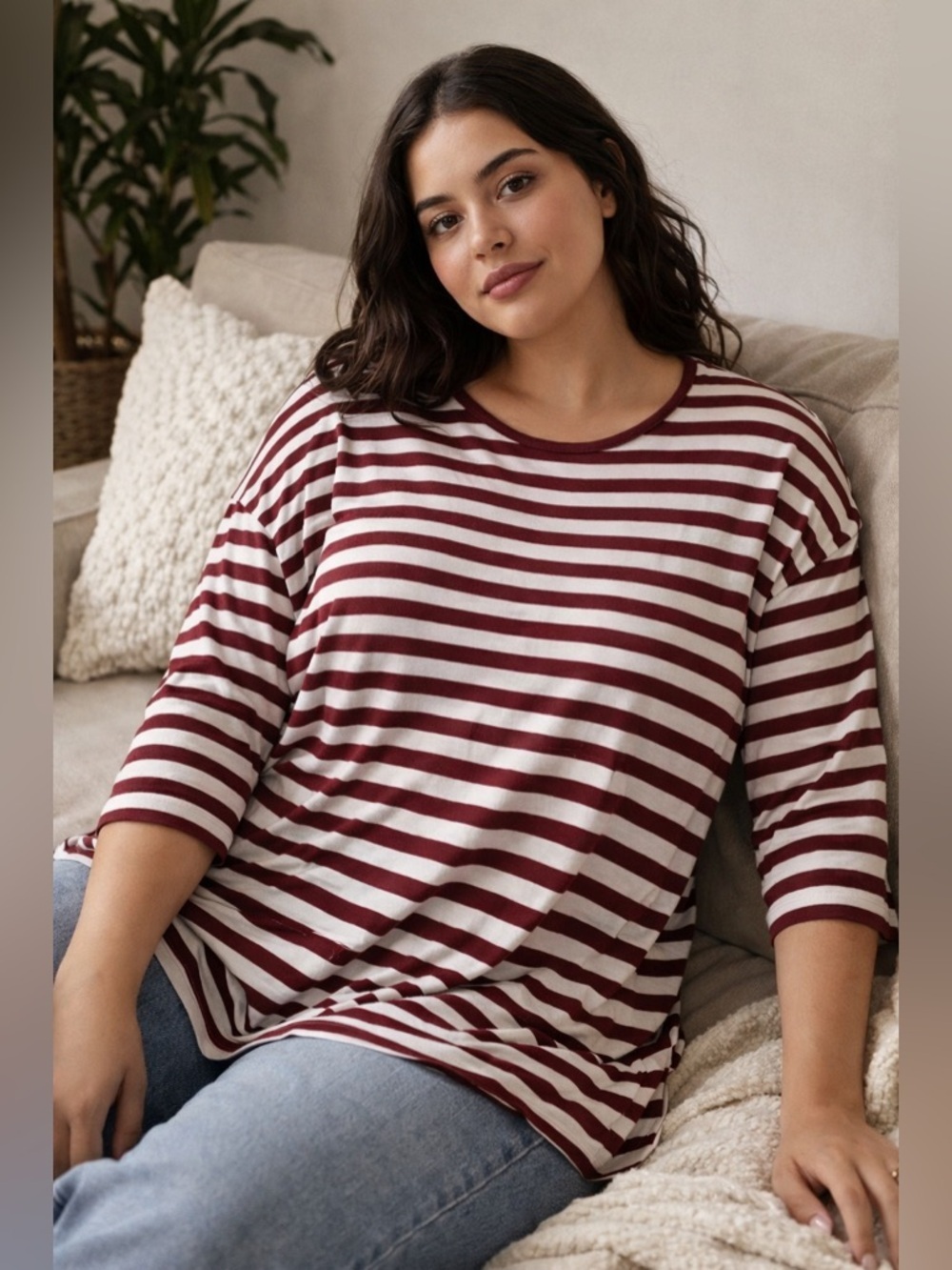 Likely Aritzia TNA Oversized Viscose Top Sz 3X Crimson White Striped RN 145548